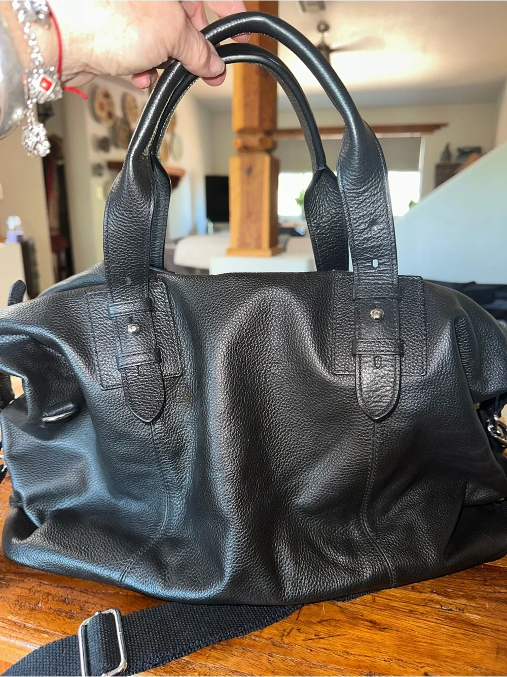 Cole Haan Black Pebbled Leather Duffel Bag with Shoulder Strap
